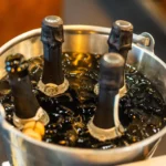 A close-up of a metal bucket filled with ice and four bottles of champagne. The bottle necks, wrapped in foil and secured with wire cages, protrude from the ice. The bucket sits on a table or counter in a dimly lit environment, giving the scene the same thrill as bubble football under the lights. © Powerleague