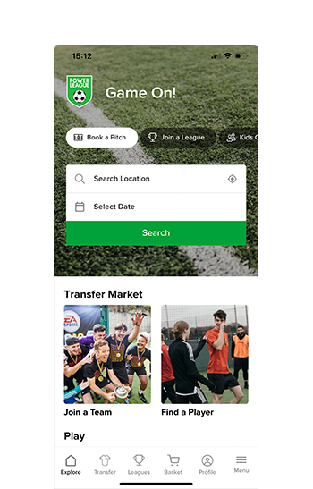 Mobile app interface showing a soccer-themed homepage. The top section offers options to 