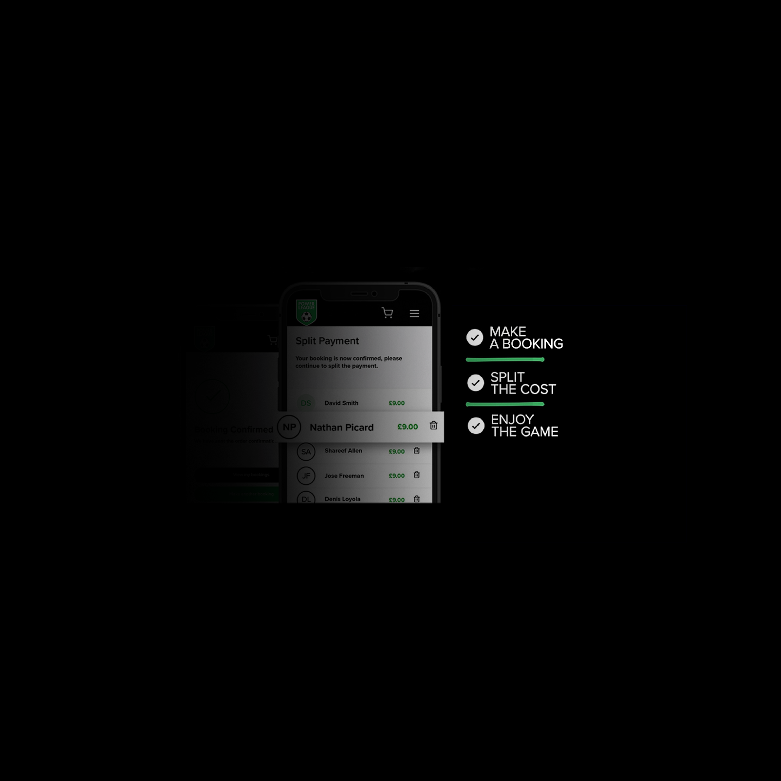 A smartphone screen displaying a split payment interface, with a list of names and amounts. To the right of the phone, text reads: 