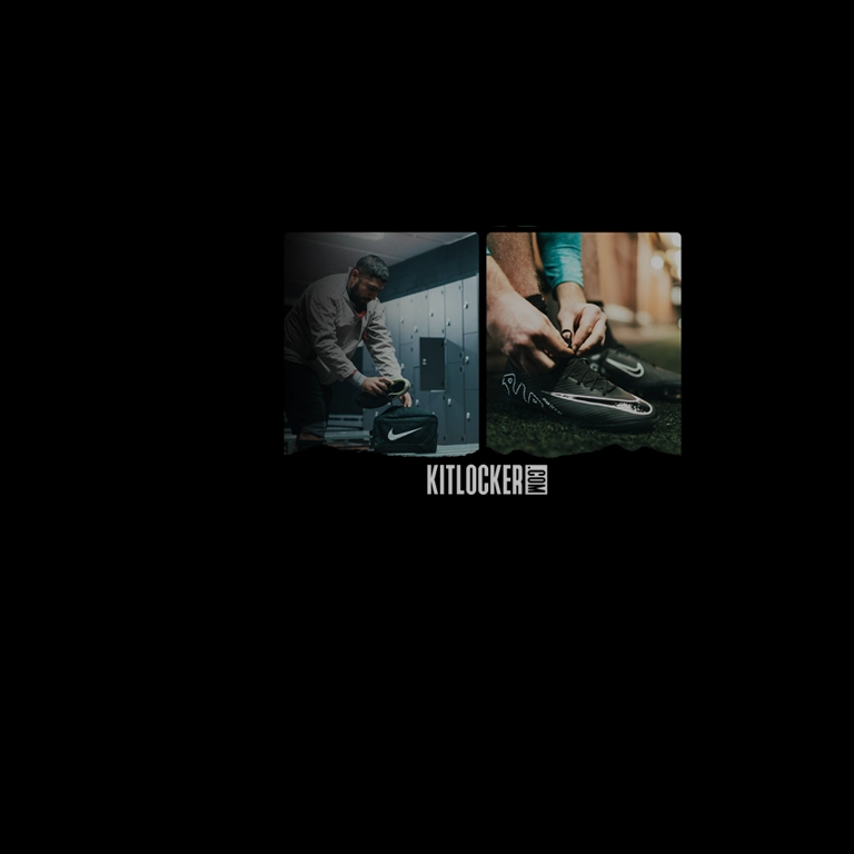 Split image showing two scenes: Left, a person in a gray top checking a black Kitlocker gym bag with a white Nike logo. Right, a close-up of hands tying shoelaces on black sports shoes. Both images are set against a dark background, perfect for prepping for 5-a-side football. Text reads 