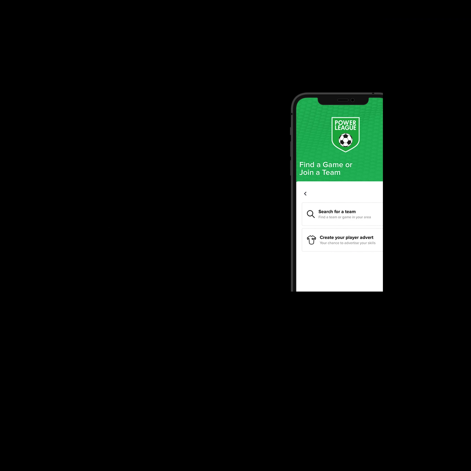 A smartphone displays a soccer app's screen. The green screen features a soccer ball logo at the top and reads 