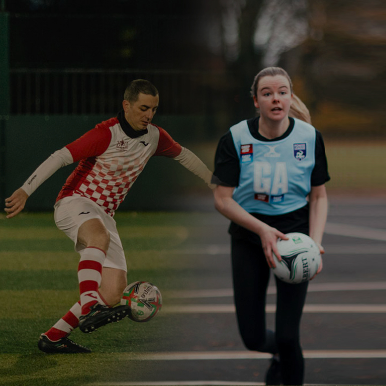 A man in a red and white checkered soccer uniform kicks a soccer ball on a grass field. A woman in a blue and black netball uniform runs while holding a netball on a court. The image depicts both soccer and netball activities. © Powerleague