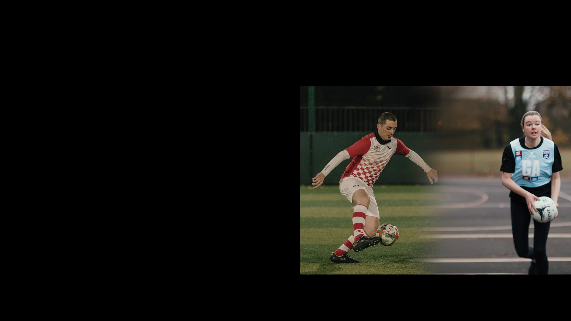 On the right side, a man wearing a red and white checkered uniform is kicking a soccer ball on a field. Beside him, a woman in light blue and black attire holds a rugby ball while standing on a sports ground. The left side of the image is entirely black. © Powerleague