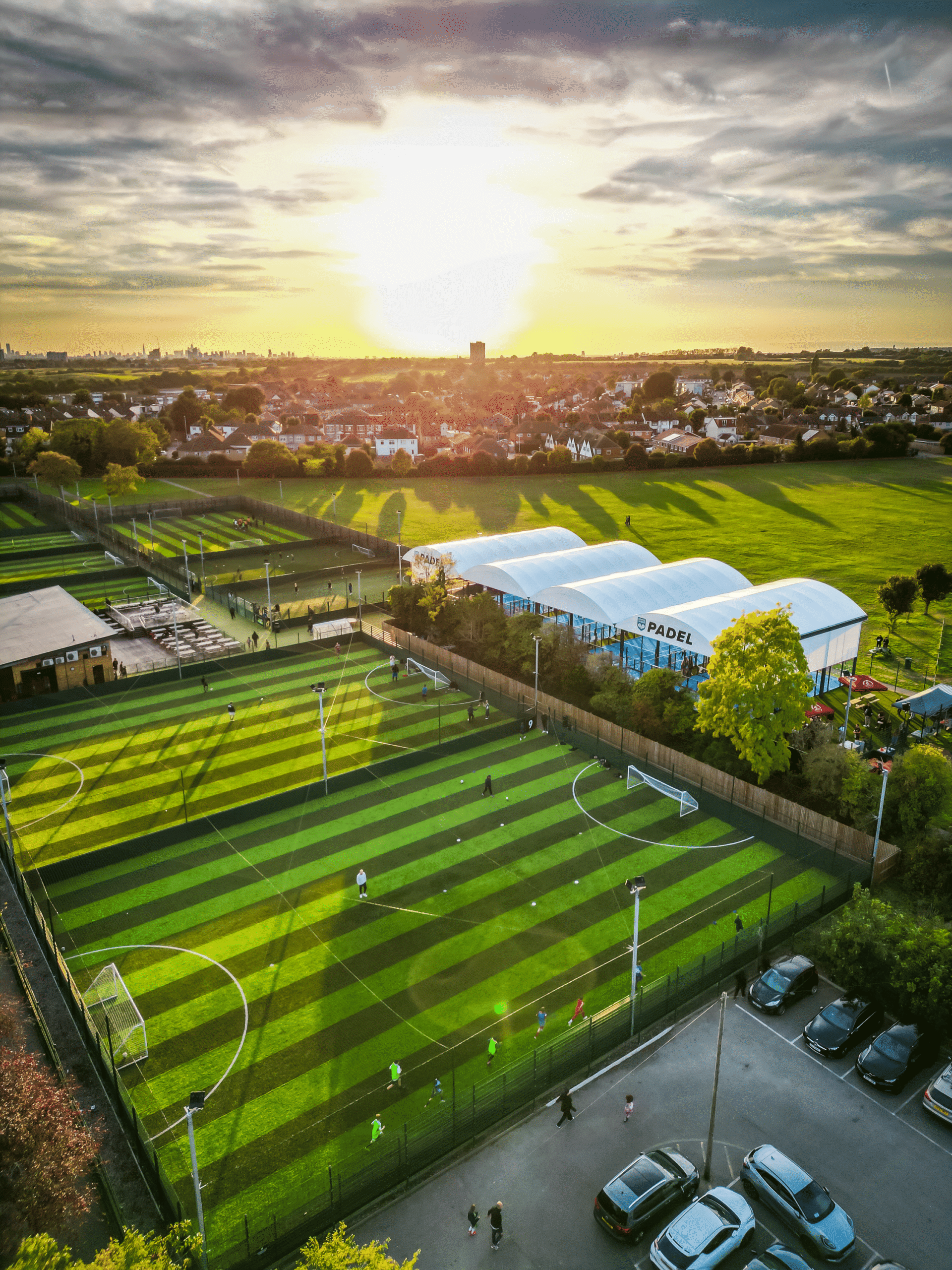 a birdseye view of Powerleague Romford, showing football pitches and padel courts.